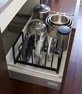 Adjustable black steel pot lid and frying pan organizer. view 8
