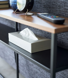 Close up of a tissue box on black Yamazaki Home Long Console Table - Shelf view 31