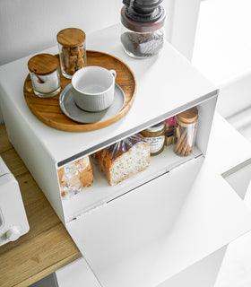 Aerial view of white Bread Box holding food items on kitchen shelf by Yamazaki Home. view 3
