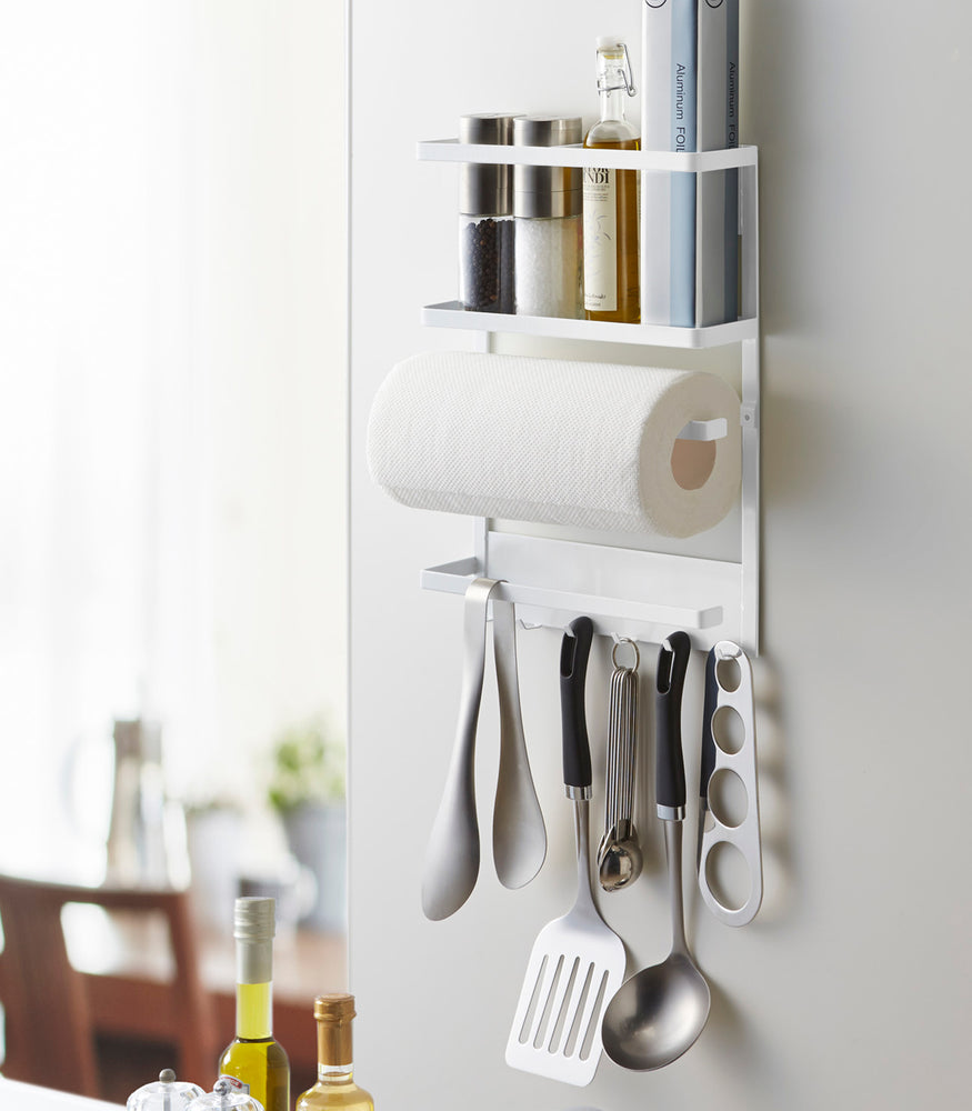 View 3 - White Magnetic Organizer on kitchen fridge holding kitchen tools by Yamazaki home.