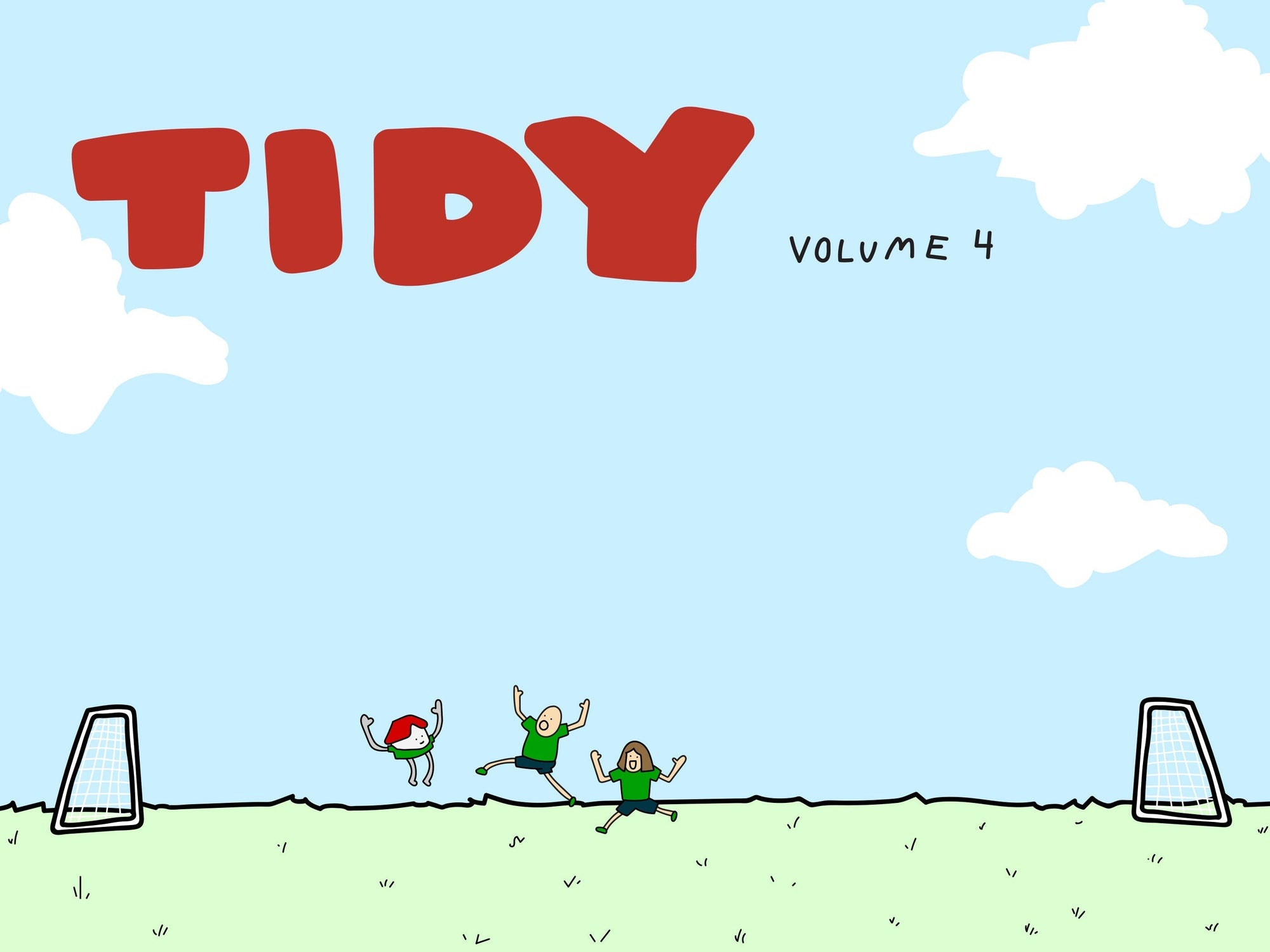 Tidy, the Yamazaki Home mascot, plays soccer with the kids, celebrating back to school and staying organized. The field is green and the sky is blue. Tidy Volume 4 in block text on the top left. 