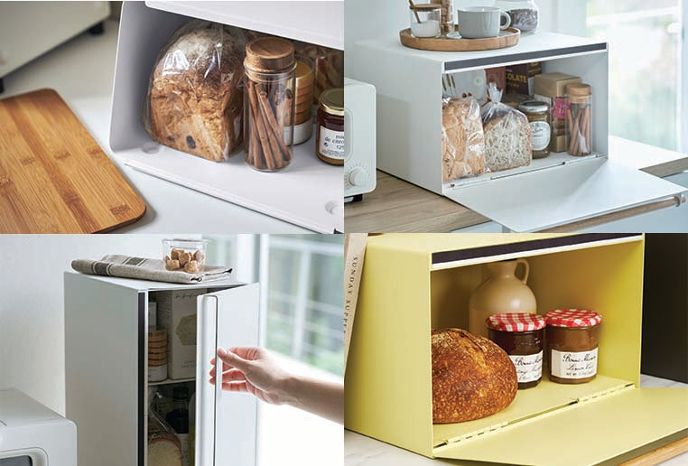 Four images of Bread Boxes from Yamazaki Home. From left to right, top to bottom: The Tower Bread Box with Cutting Board Lid, the Tosca Bread Box, The Tower Vertical Bread Box, and the Apartment Therapy Yellow Pear Bread Box. 