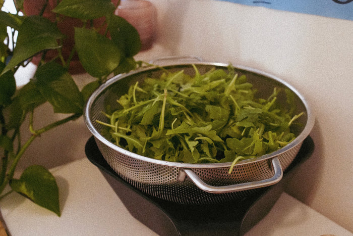 Lettuce inside Salad strainer inside Yamazaki Home magnetic bowl 