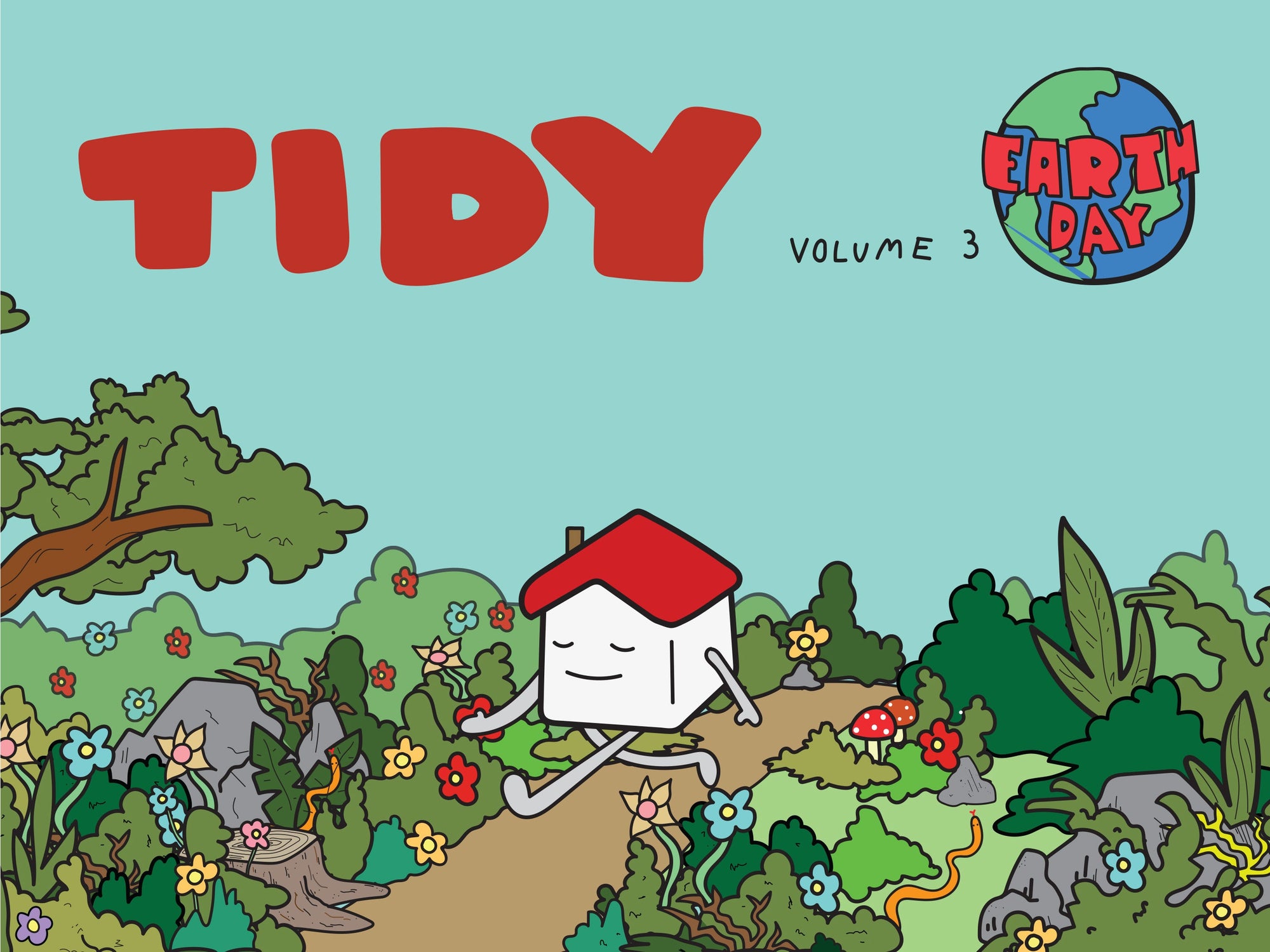 Earth Day whimsical cartoon. Tidy, the Yamazaki Home mascot, walks through a beautiful garden with bright flowers and trees. The text reads: Tidy Volume 03.