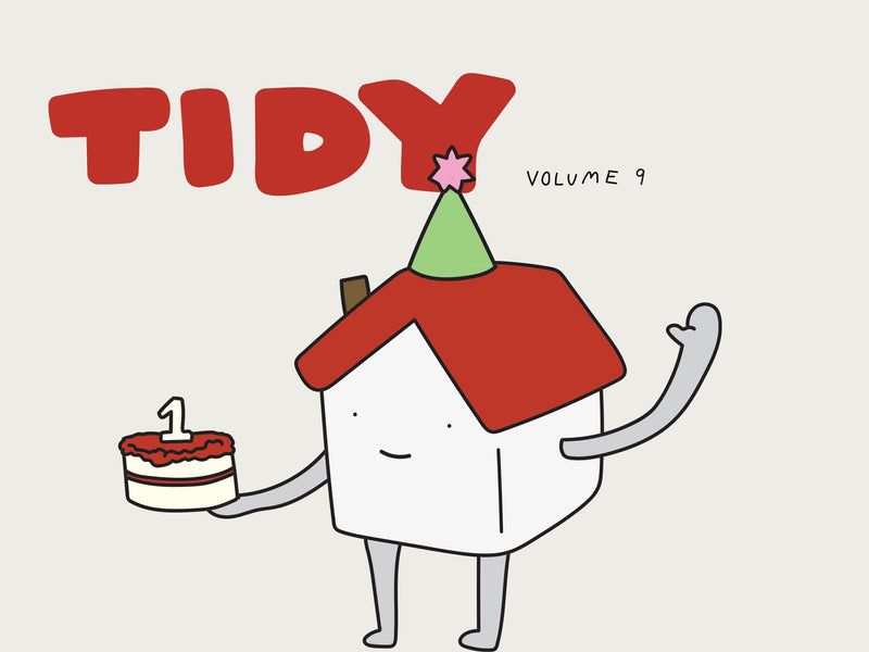 Tidy, the Yamazaki Home mascot waves and smiles. He holds a birthday cake with a candle in the shape of a one on it. The title reads: TIDY, Volume 9 