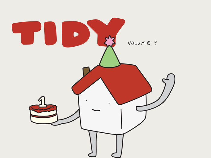 Tidy, the Yamazaki Home mascot waves and smiles. He holds a birthday cake with a candle in the shape of a one on it. The title reads: TIDY, Volume 9 