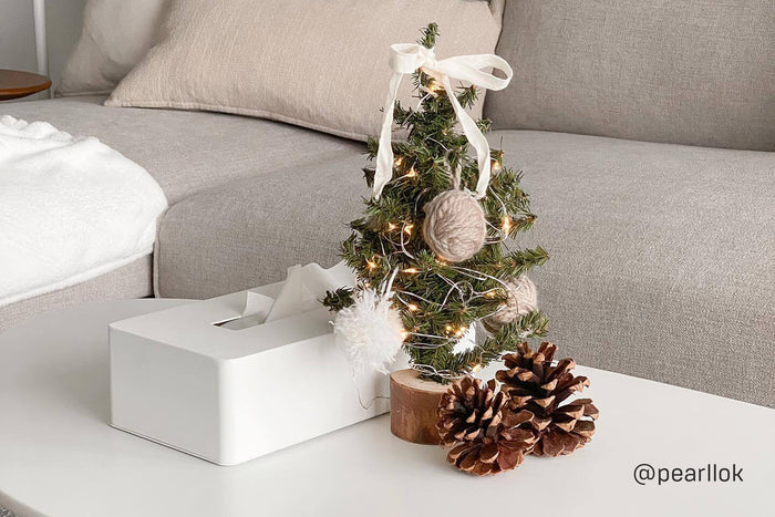 Yamazaki Tissue box cover, mini-coquette Christmas tree and pine cones in a modern home