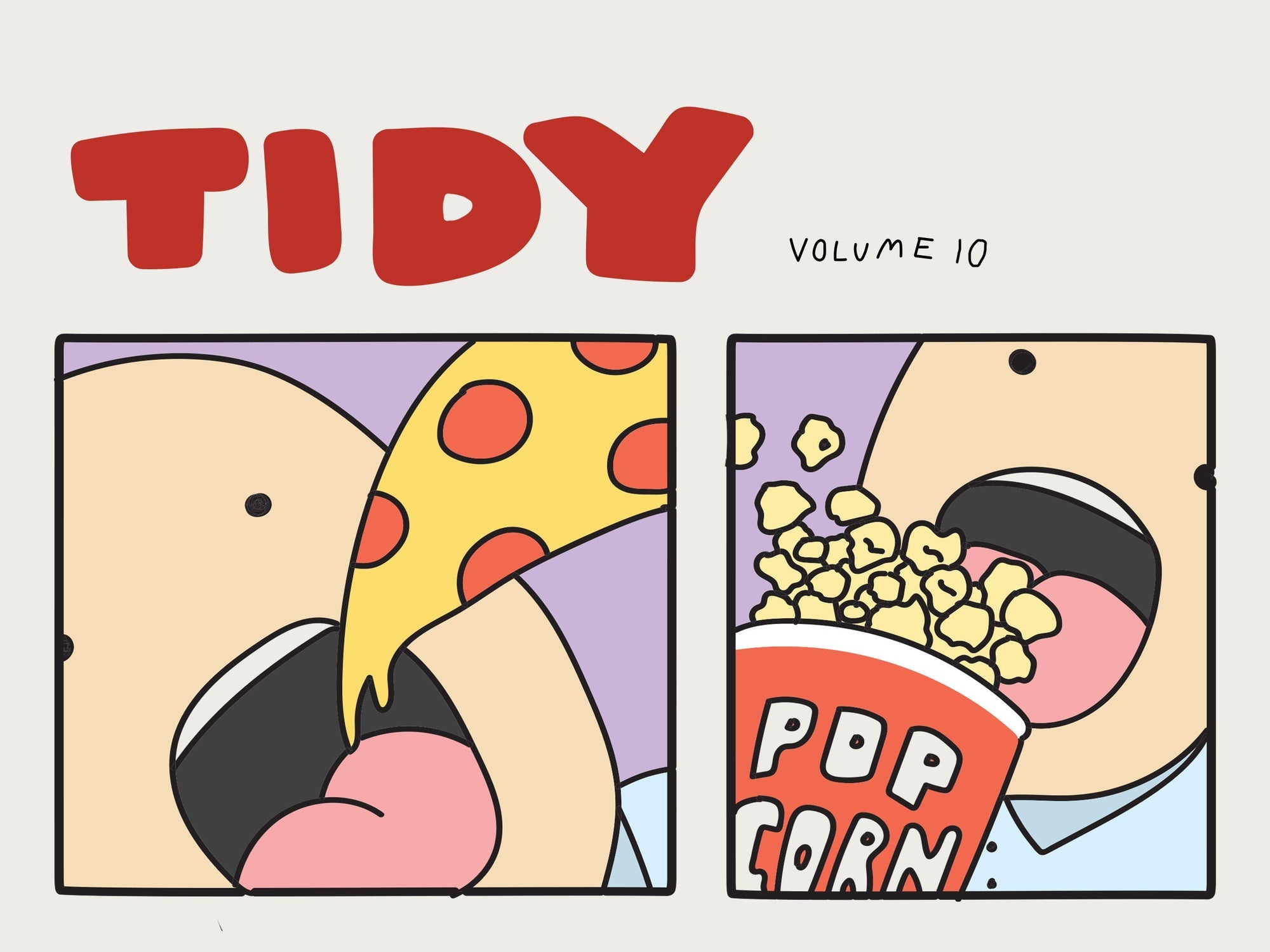 Two frames featuring a comic character named Brother eating a pizza and popcorn (from left to right) the top reads 