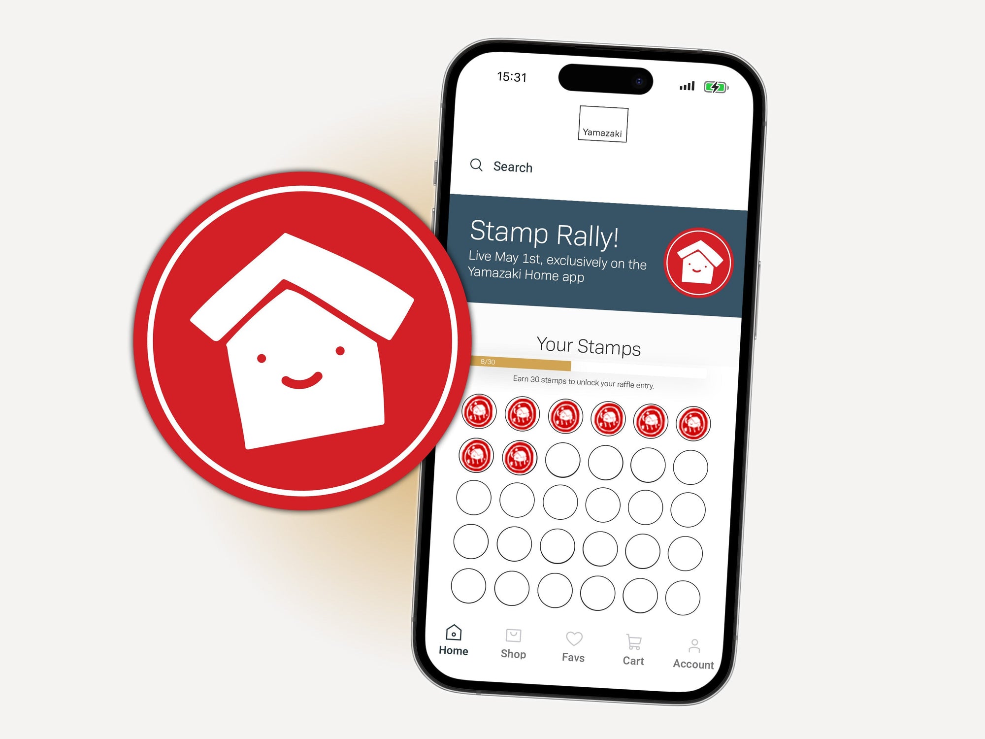 Introducing the Stamp Rally. Red sticker with Yamazaki Home mascot, Tidy. Phone screen open to the Stamp Rally page of the Yamazaki Home App. 