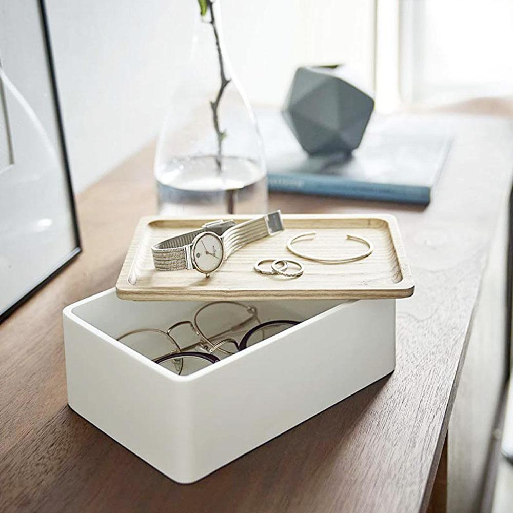 Yamazaki Home Rin Accessory Box holding glasses and a watch and jewelry on a counter. 