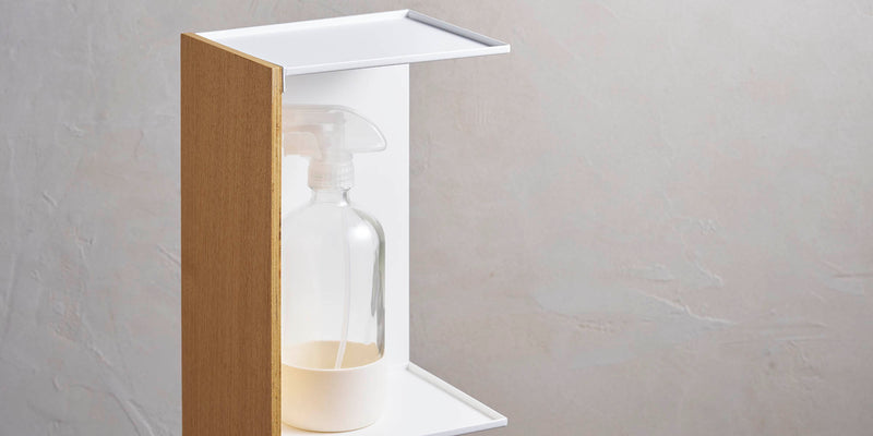 White steel Bathroom organizer with natural wood holding a spray bottle