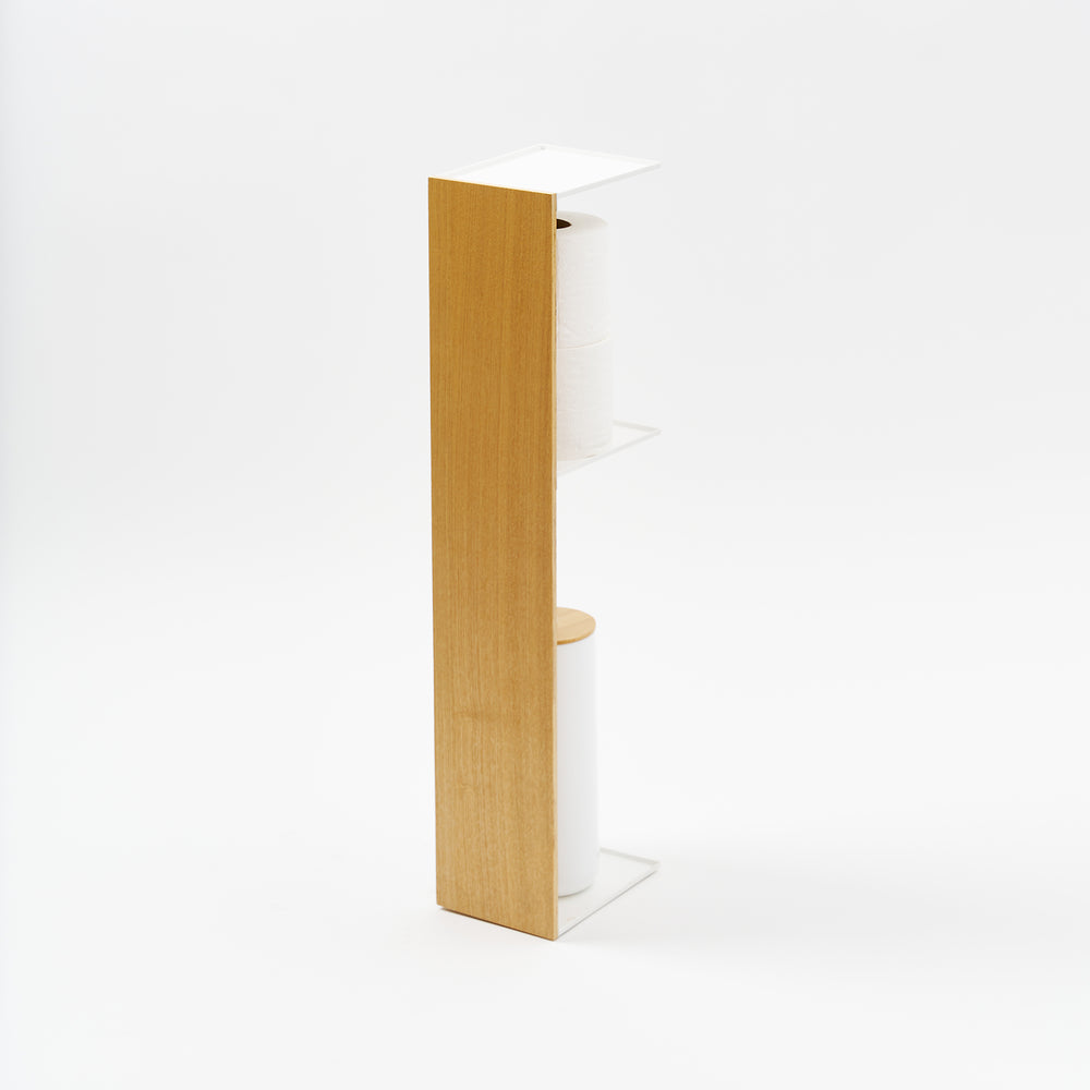 Yamazaki Home Bathroom Organizer with props, set against a white background.