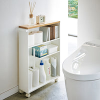 Yamazaki Home white rolling cart in the bathroom 