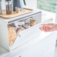 Yamazaki Home Tower bread box holding breads and jams.