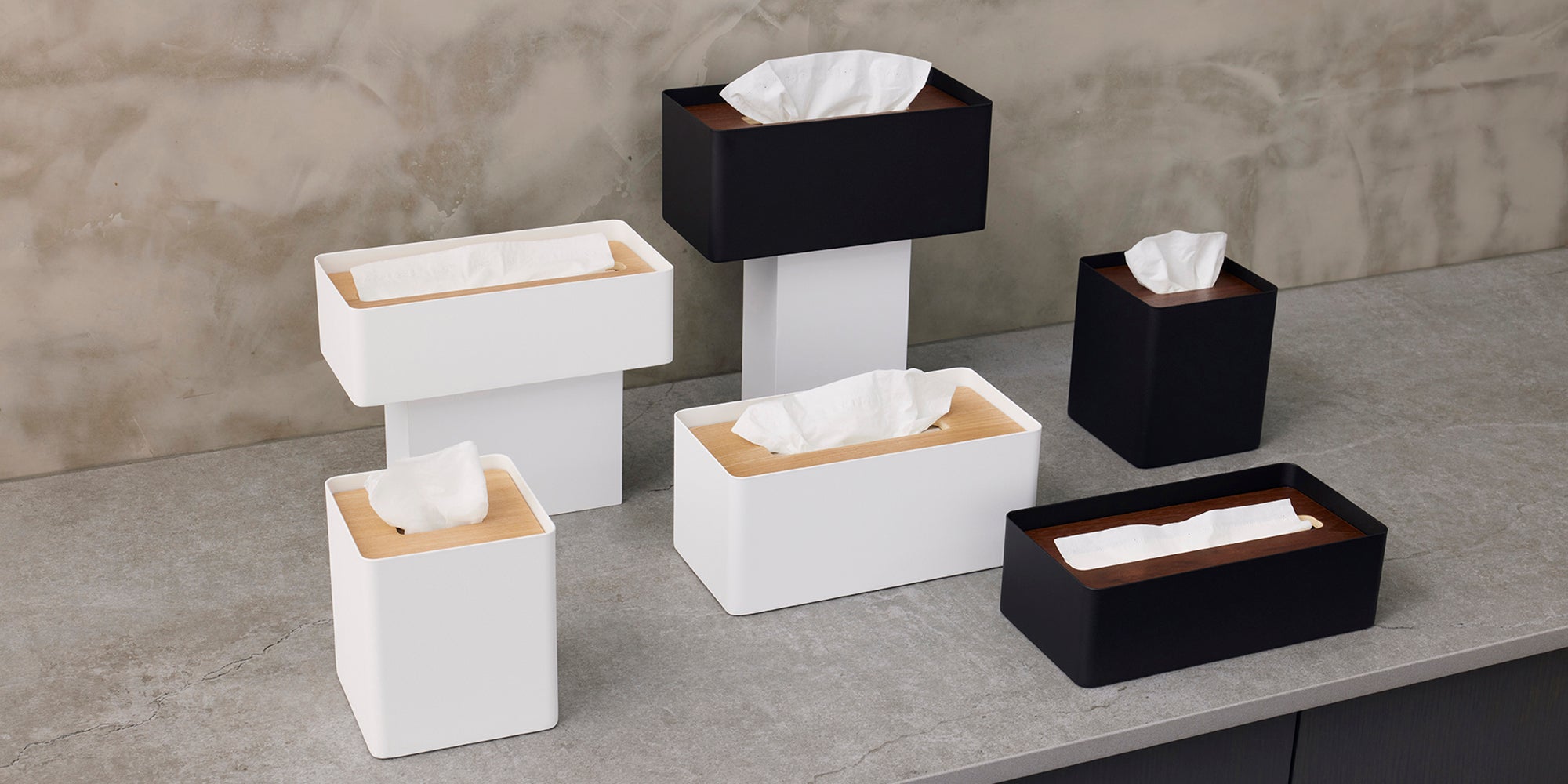 Rectangular and Square Tissue Box Covers in white steel and black steel with wood accents. Cover image 