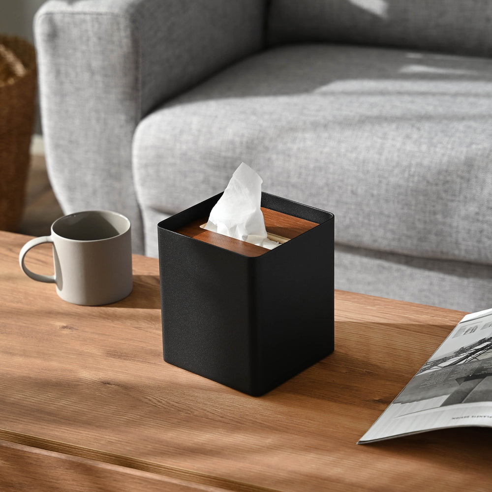 Yamazaki RIN Boîte à Mouchoirs Double Face – Design Minimaliste Noir, Acier Et Contreplaqué, 26 X 11 X 14 Cm – Élégance Japonaise