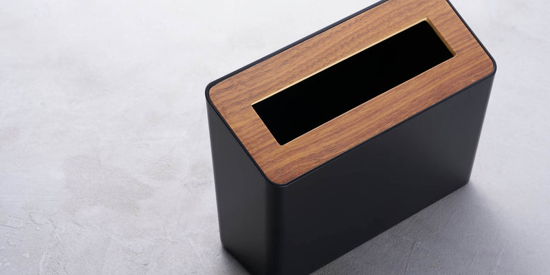 Black steel countertop waste bin with walnut lid