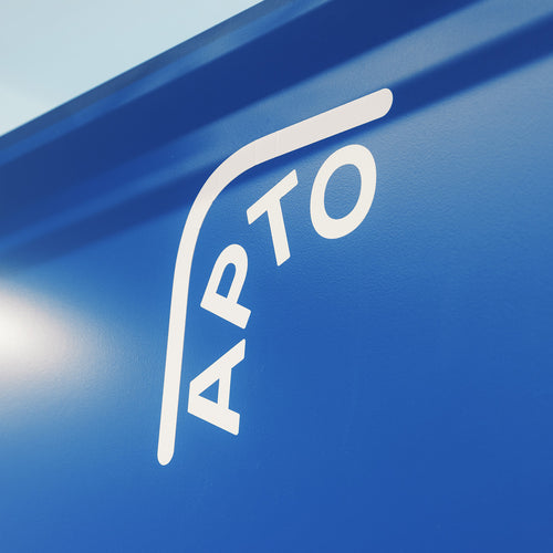 White 'APTO' logo on a blue background