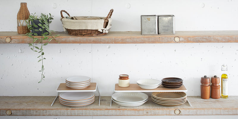 Yamazaki Home Dish Risers in a rustic kitchen lifestyle photoshoot