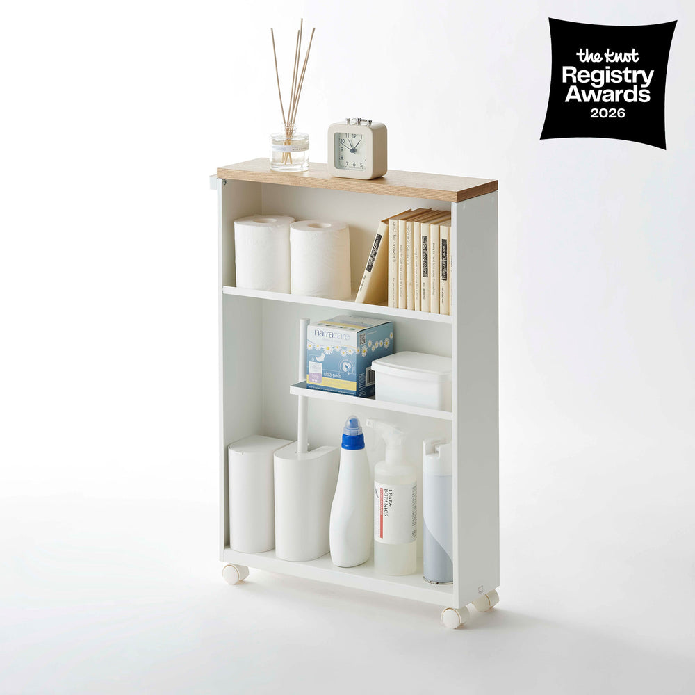 Rolling Storage Cart (27" H) - Steel in White with props on the white background, having the knot awards logo on the upper right.