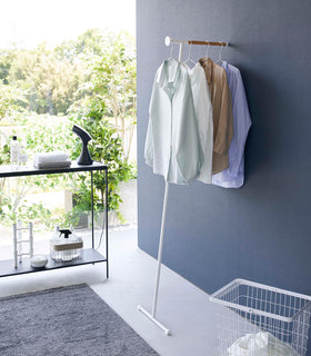 White Yamazaki Home Clothes Steaming Leaning Pole Hanger with clothes view 2