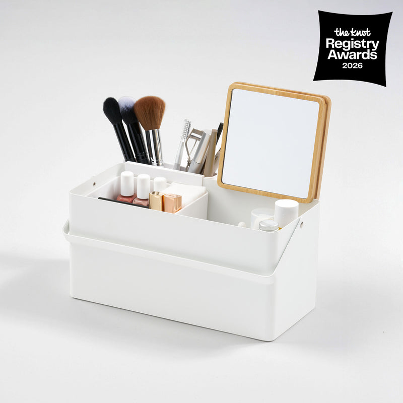 Makeup Organizer with Mirror in White with props on the white background, having the knot awards logo on the upper right.