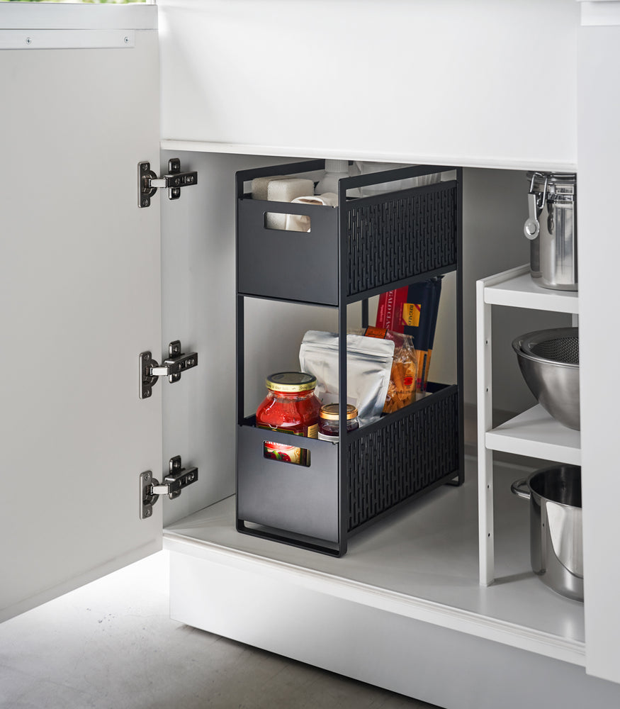 View 10 - A two-tier black storage bin is shown in a lower cabinet. The upper level holds cleaning supplies, the bottom level holds pantry items.