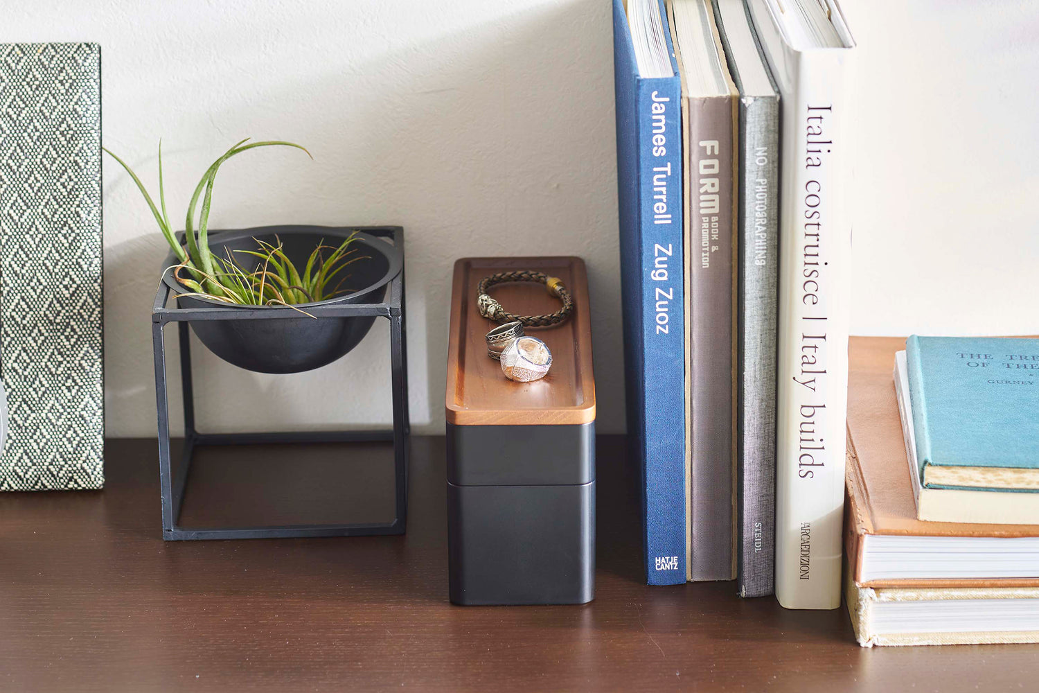 View 28 - Closed Black Stacking Watch and Accessory Case in between books and plants