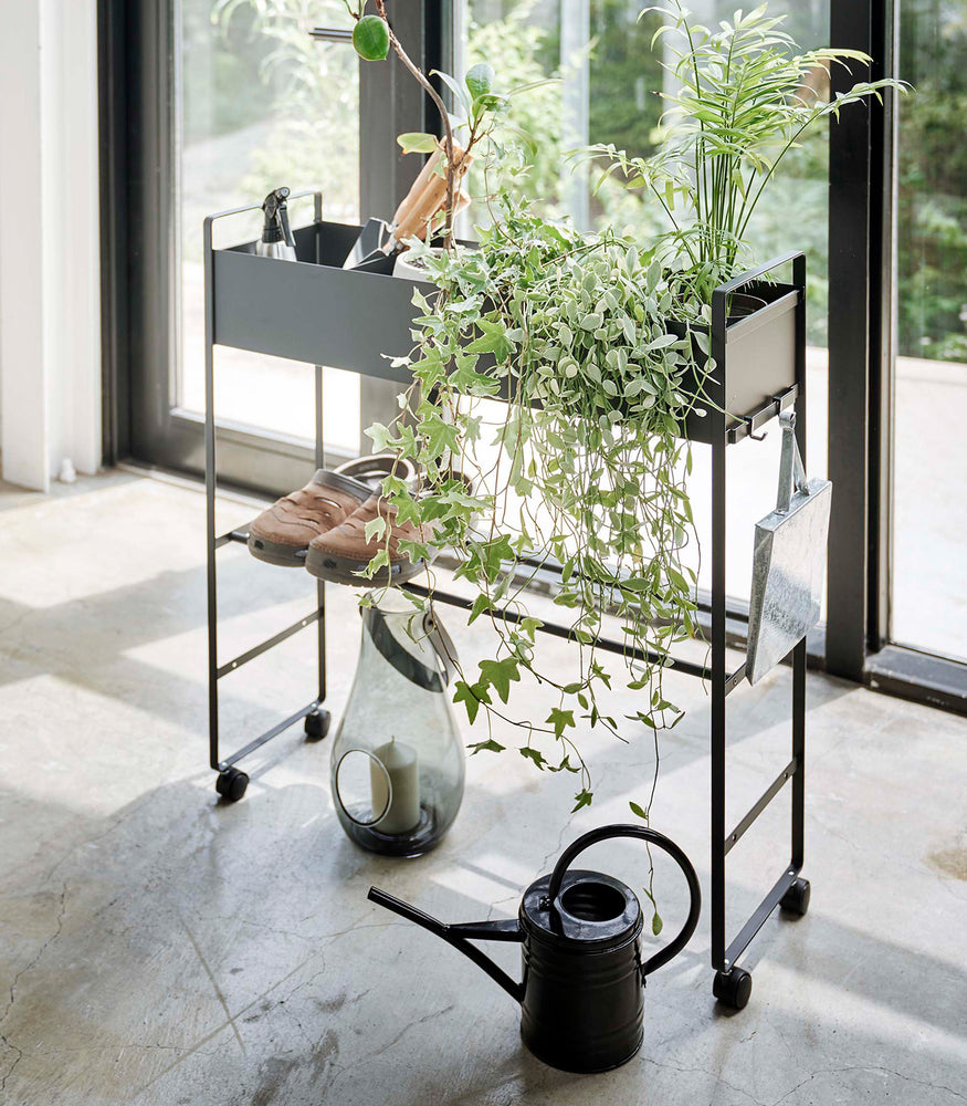 View 14 - Black Yamazaki Entryway Organizer with shoes, plants and gardening tools on it