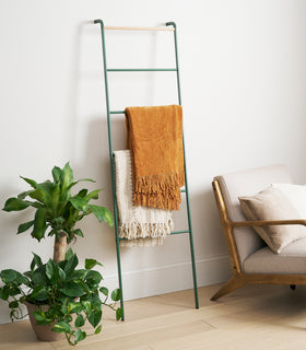 Forest Green Yamazaki Home Leaning Storage Ladder with two blankets stored view 2