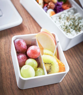 Close up aerial view of white Vacuum-Sealing Bento Box holding fruit by Yamazaki Home. view 5