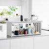 White Yamazaki Home Front-Opening Kitchen Countertop Storage Rack open with various kitchen items inside