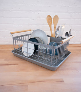 Front view of gray Dish Rack holding plates, cups, and silverware by Yamazaki Home. view 11