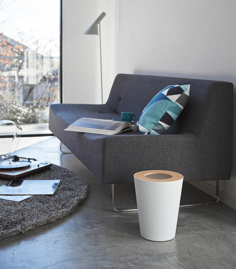 Trash Can - Round - Steel + Wood - Yamazaki Home
