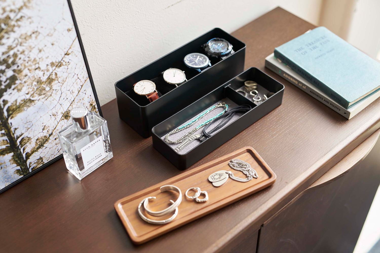 View 30 - Black Stacking Watch and Accessory Case opened on a dresser