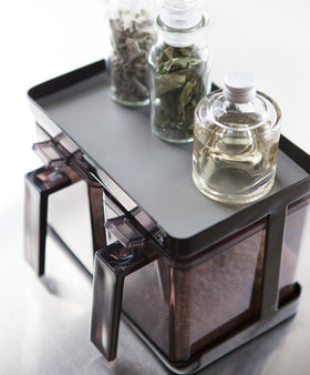 Aerial view of black Pantry Organizer holding spices on upper shelf on white background by Yamazaki Home. view 8