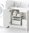 Yamazaki Home white Three-Tier Cabinet Storage Rack holding bathroom essentials.