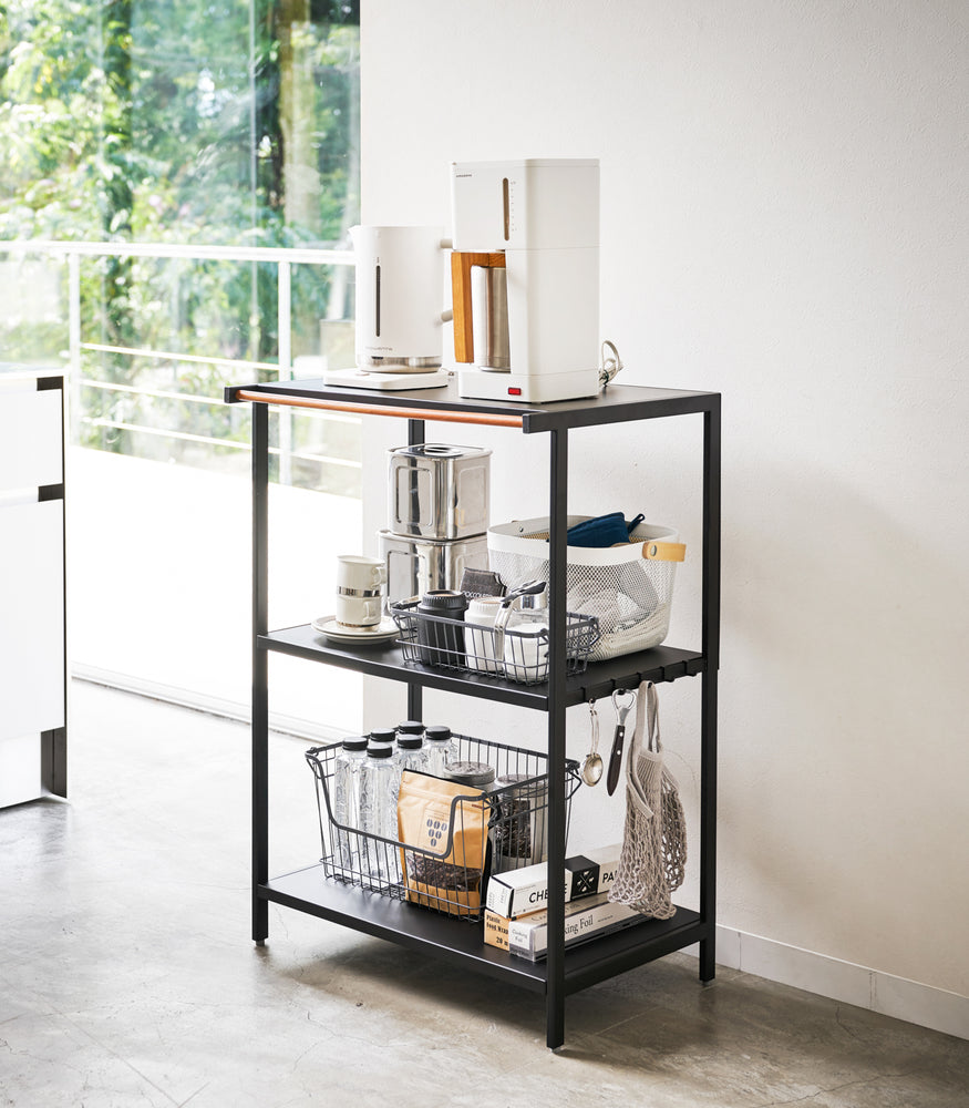 View 8 - Black Storage Rack holding coffee and brewing appliances by Yamazaki Home.