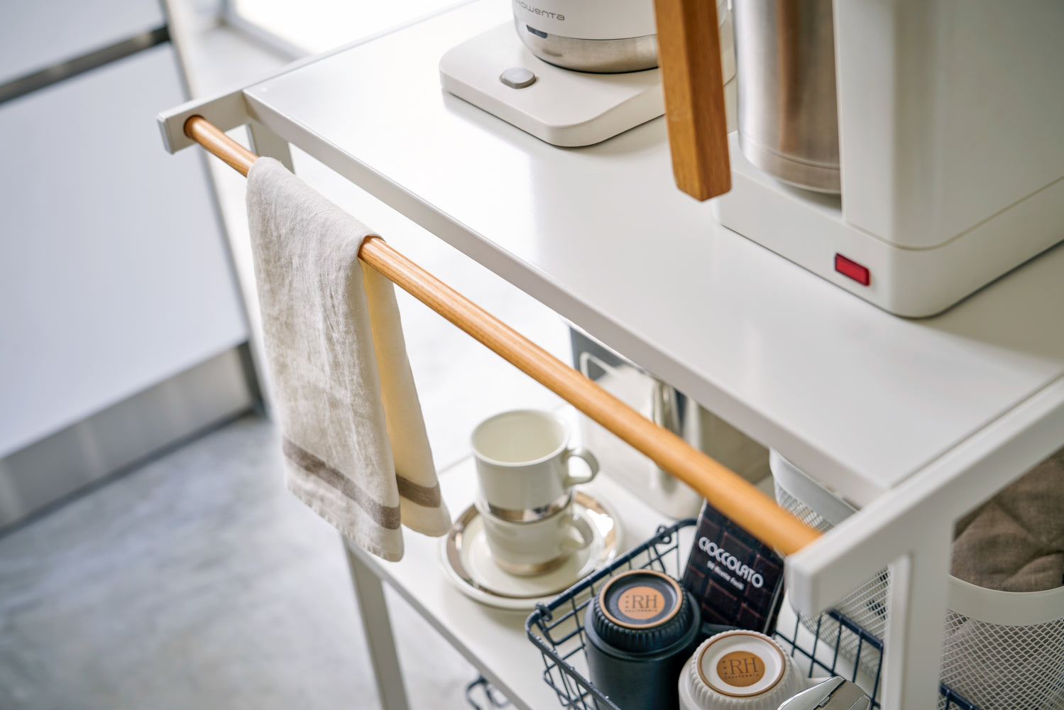 View 4 - Aerial view of white Storage Rack holding coffee brewing equipment by Yamazaki Home.