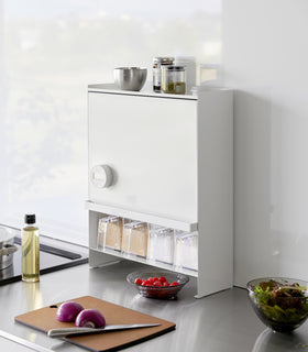 Diagonal view of the Concealable Spice Rack in white by Yamazaki Home with the front panel closed. view 2