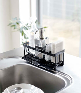 Black steel sponge and soap bottle holder with black draining tray. view 13