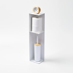 Yamazaki Home Bathroom Organizer with props, set against a white background.