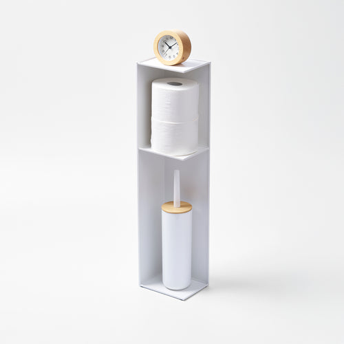 Yamazaki Home Bathroom Organizer with props, set against a white background.