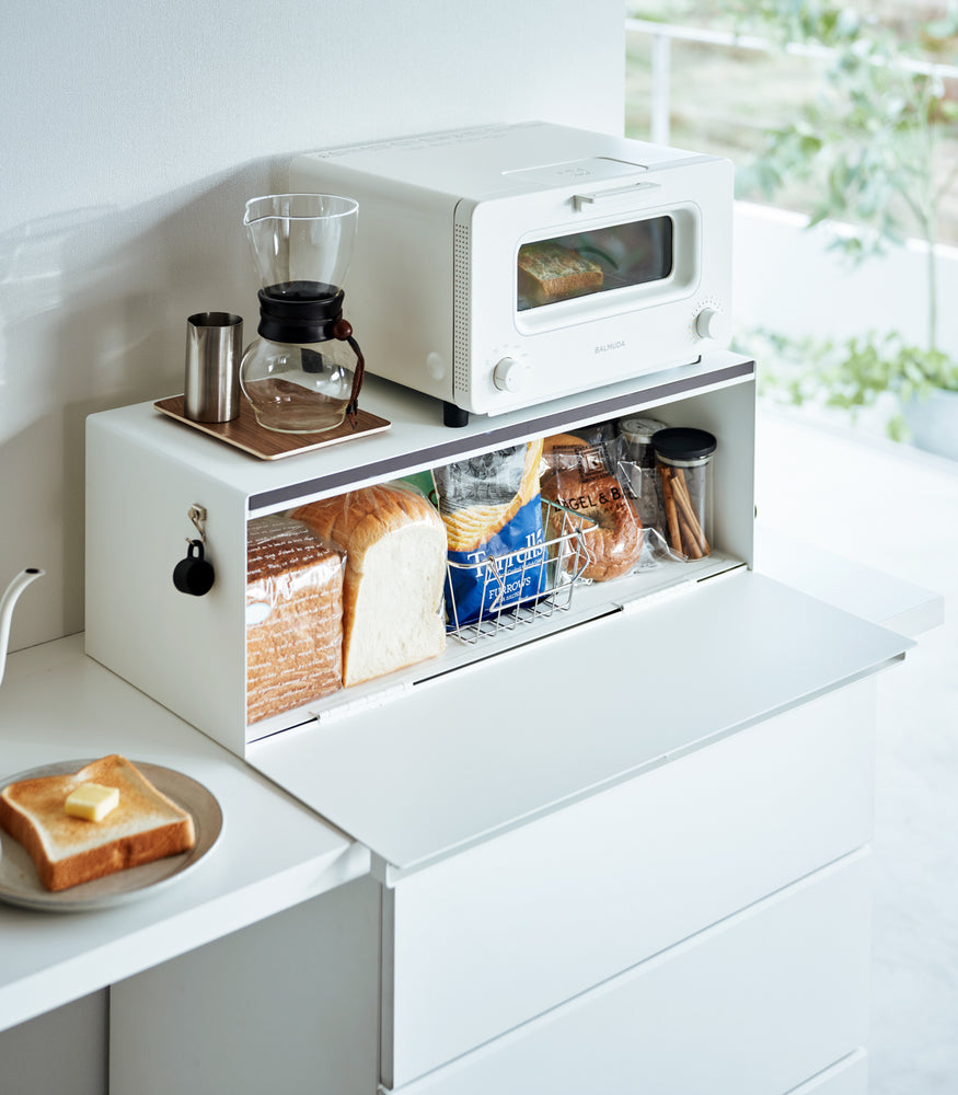 View 3 - White Yamazaki Home Bread Box - Wide open with bread and snacks inside
