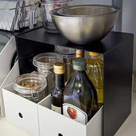 Yamazaki Black Under-Cabinet Storage Shelves holding kitchen essentials. view 12
