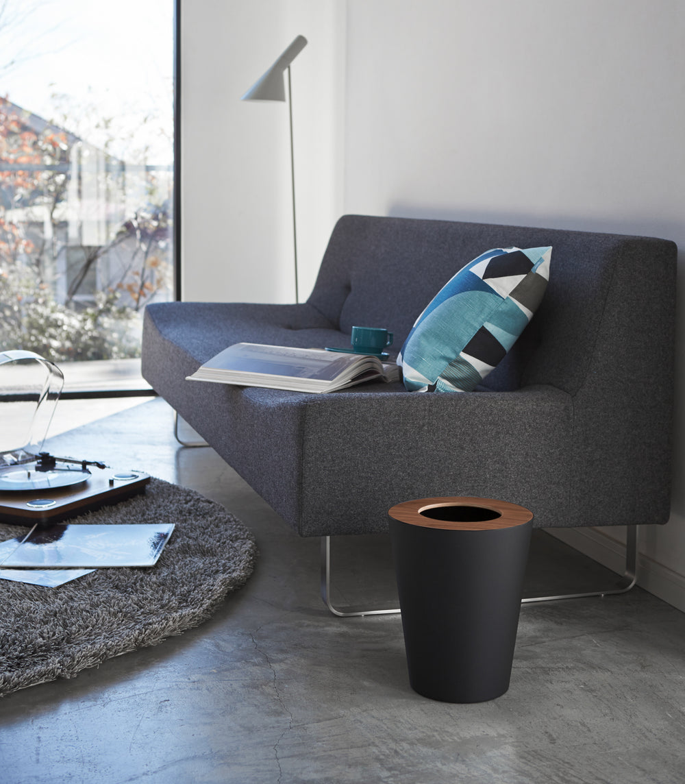 Trash Can - Round - Steel + Wood - Yamazaki Home