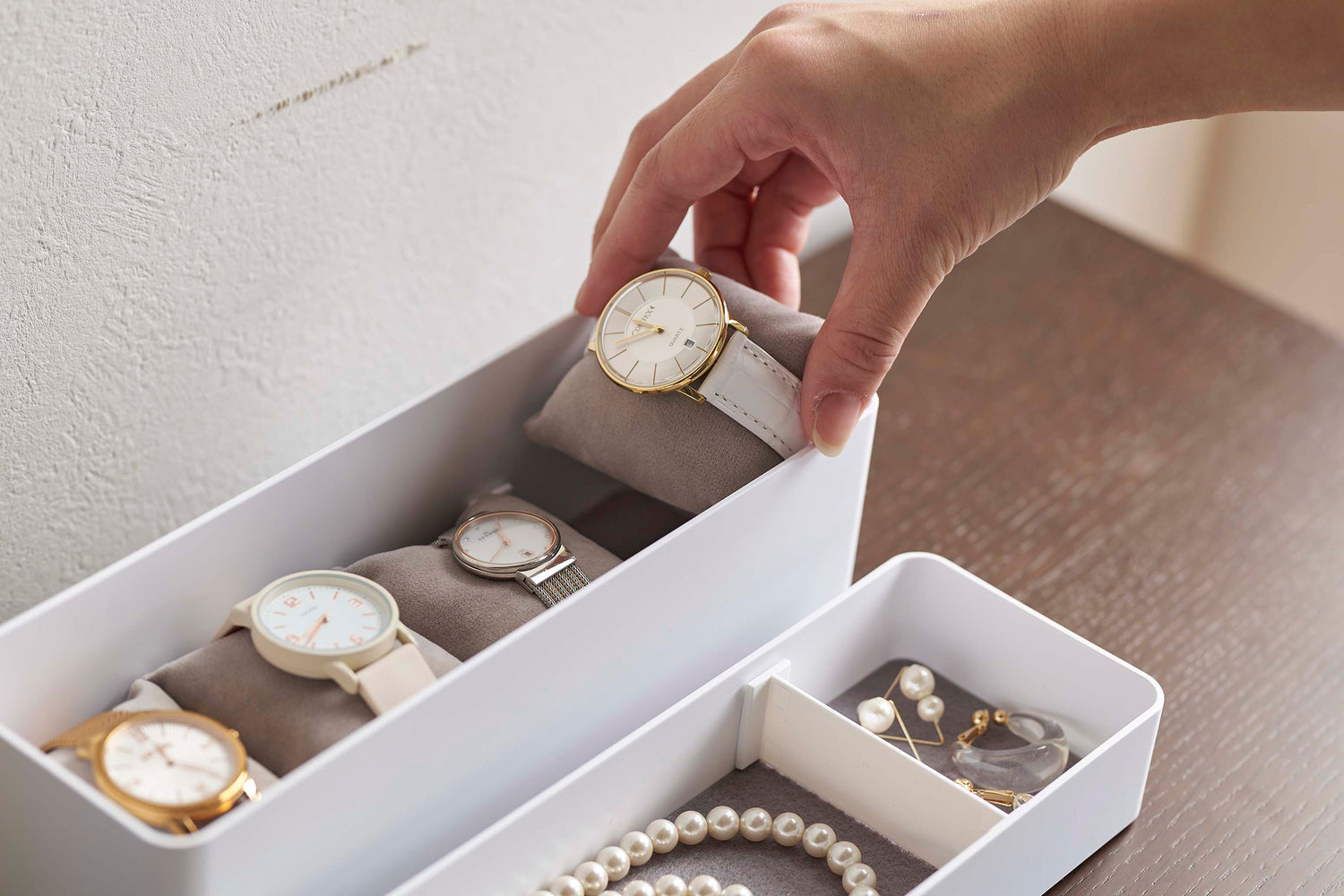 View 24 - White Stacking Watch and Accessory Case opened with removable watch cushion