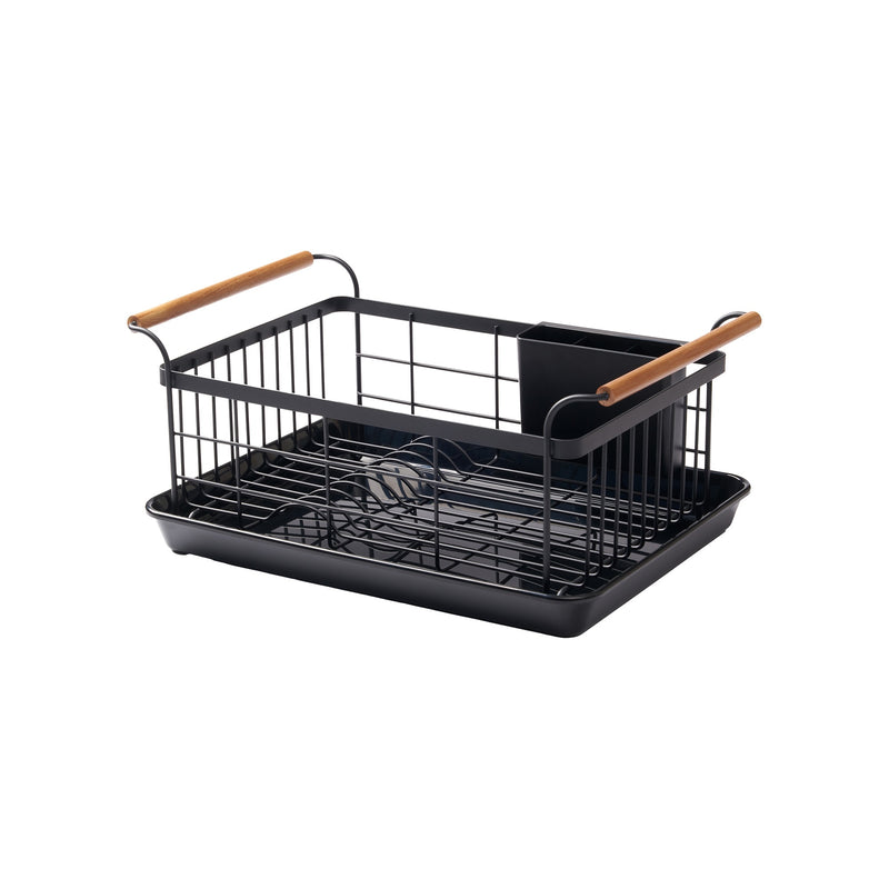 Black steel dish drying rack against a white background 