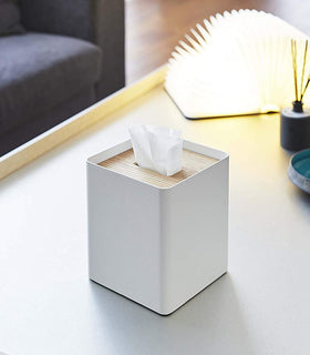 White Tissue Case on coffee table by Yamazaki Home. view 3