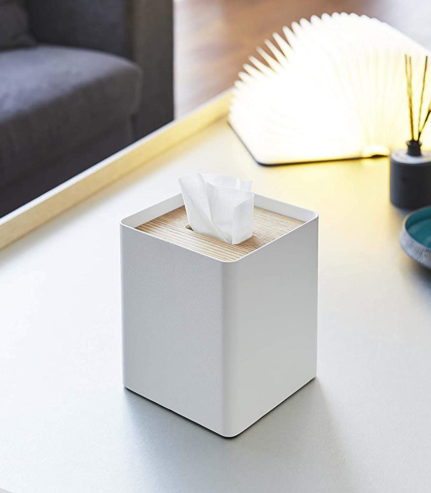 View 3 - White Tissue Case on coffee table by Yamazaki Home.